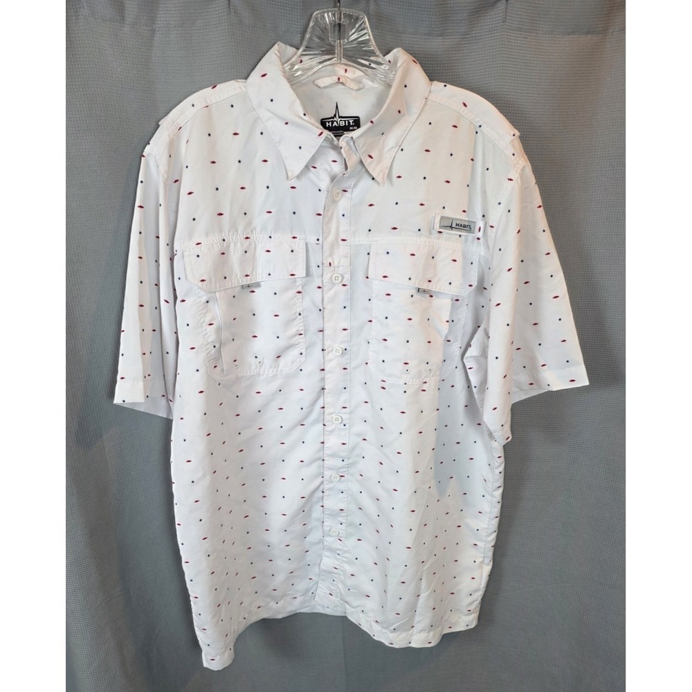 Habit‎ Shirt Men's Med White Fishing AOP Red Fish Blue Stars Vented Back